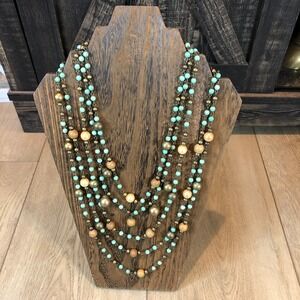 Signed VCLM Long Multi Strand Textured Beaded Turqoise Gold Beige‎ Necklace BOHO